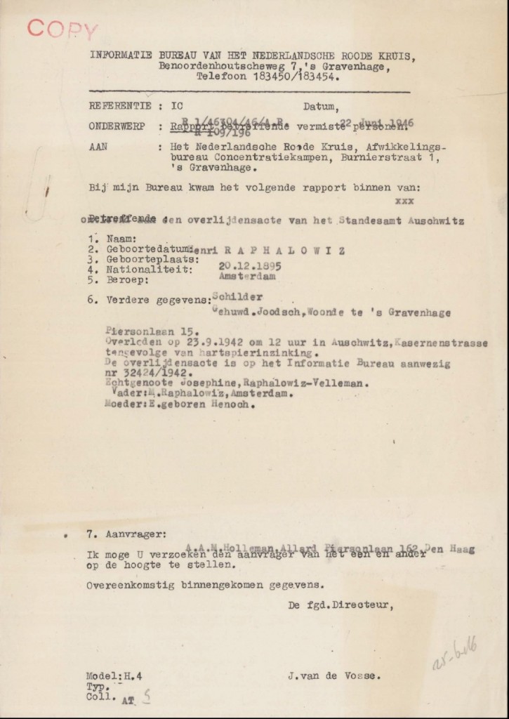 Rode Kruis-rapport betreffend Henri Raphalowiz, 22-6-1946